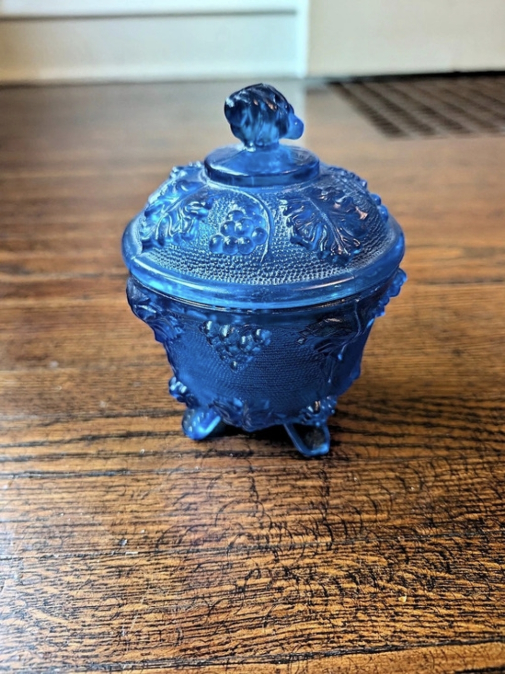 1950s Jeanette Glass Footed Covered Cobalt Blue Candy Dish Grape Leaf VTG
